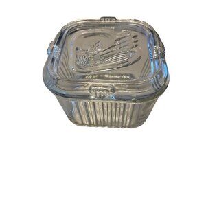 Vintage Federal Clear Glass Ribbed Refrigerator Dish w/ Lid 4.5x4.5x3.25 Lid